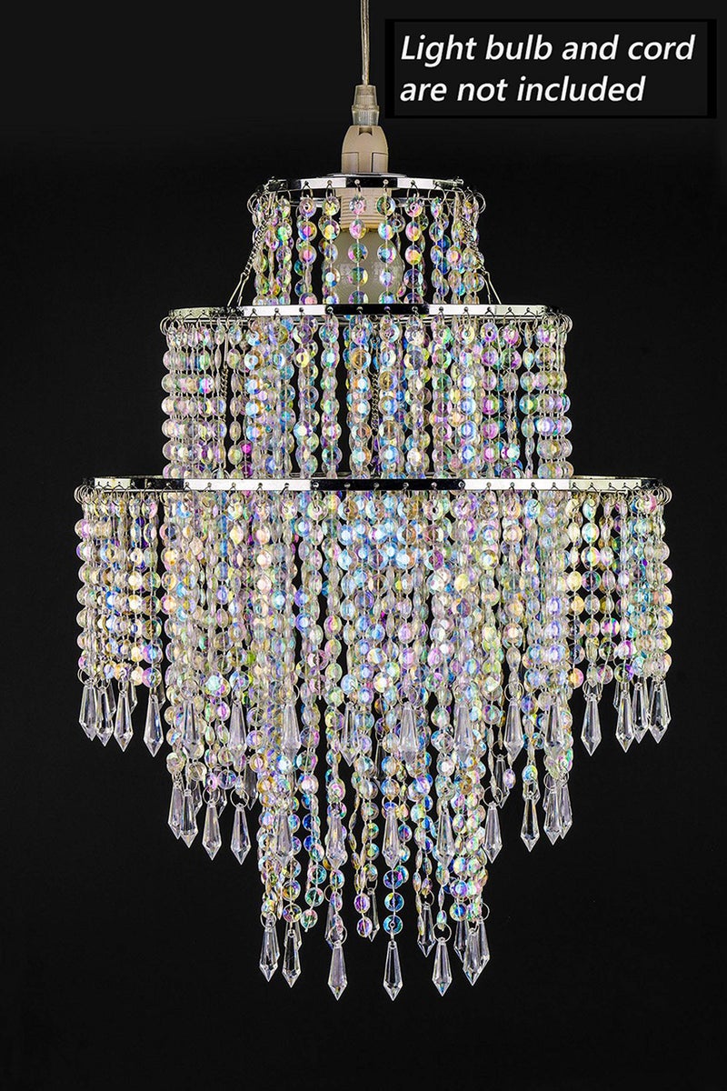 Waneway Large 3 Tiers Beads Pendant Shade, Ceiling Chandelier Lampshade with Acrylic Jewel Droplets, Beaded Lampshade with Chrome Frame and Sparkling Beads, Diameter 12.6 inches, Clear - Image 4